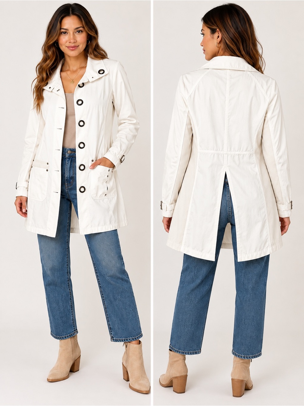 Free People Ivory Utility Jacket Longline Cotton Coat w/ Grommet Buttons